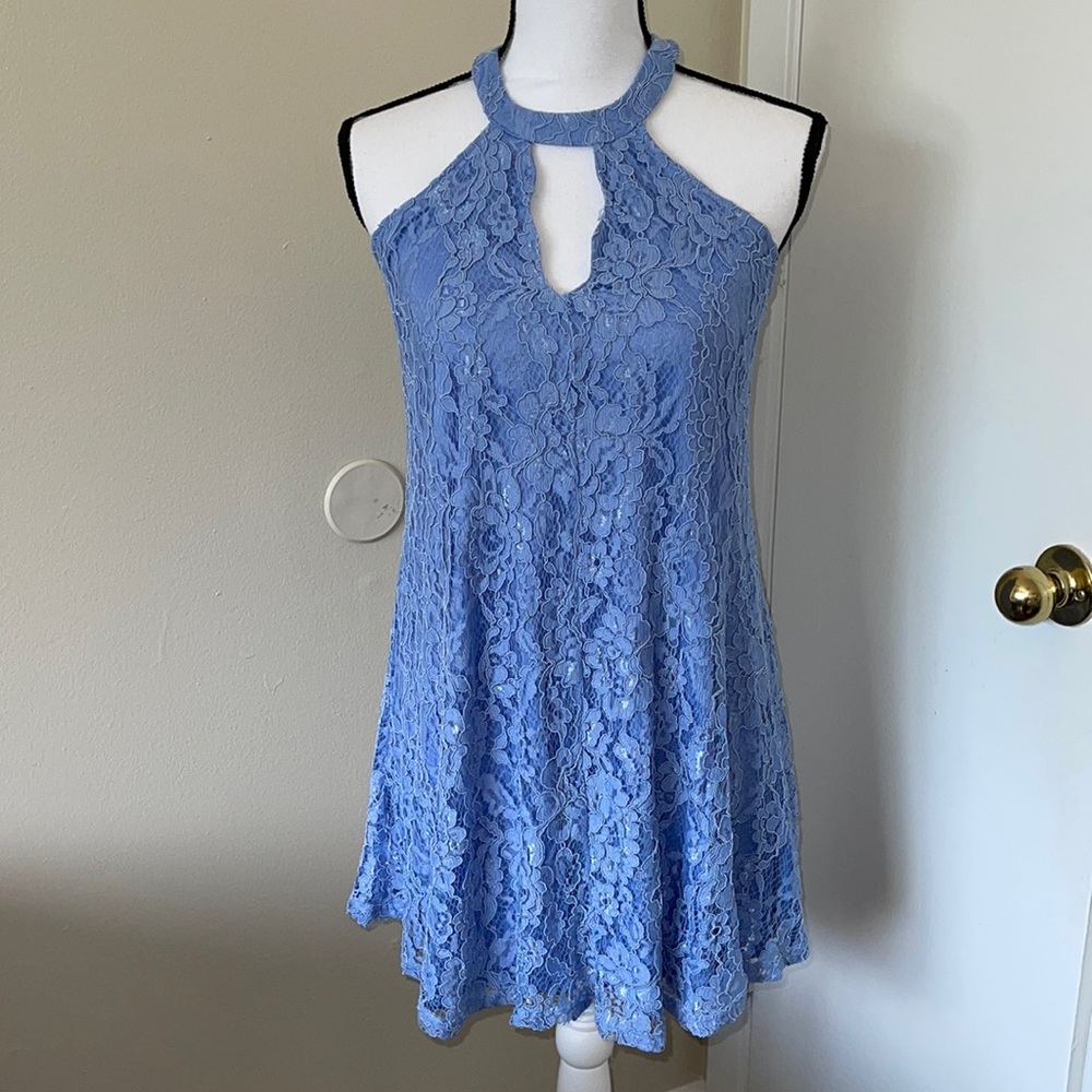 FRANCESCA’S Women's Blue Lace Dress Halter Neck Lined size XS